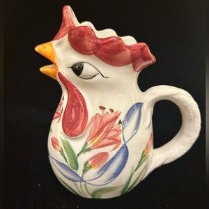 Italian pottery vintage rooster pitcher hand painted and marked on bottom